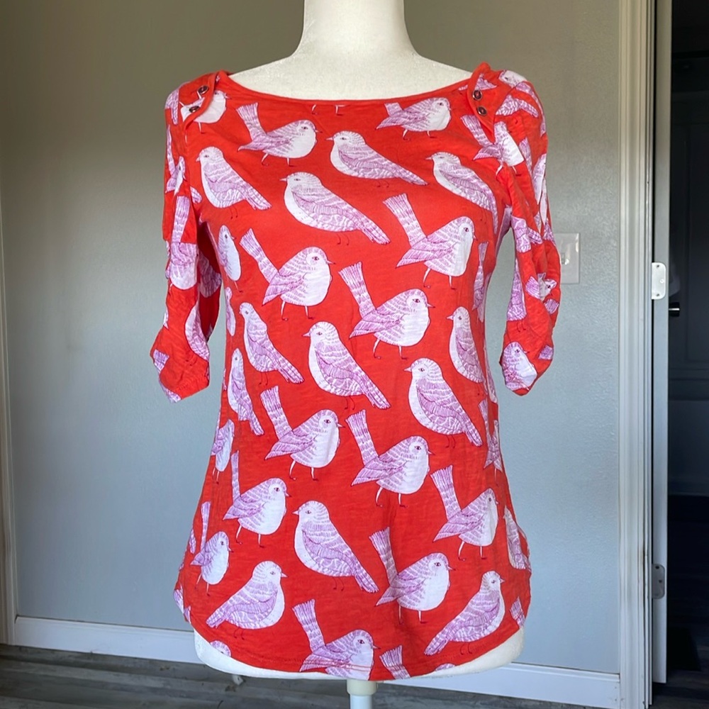 Anthropologie Postmark Ruched Sleeve Bird Print Top Size M